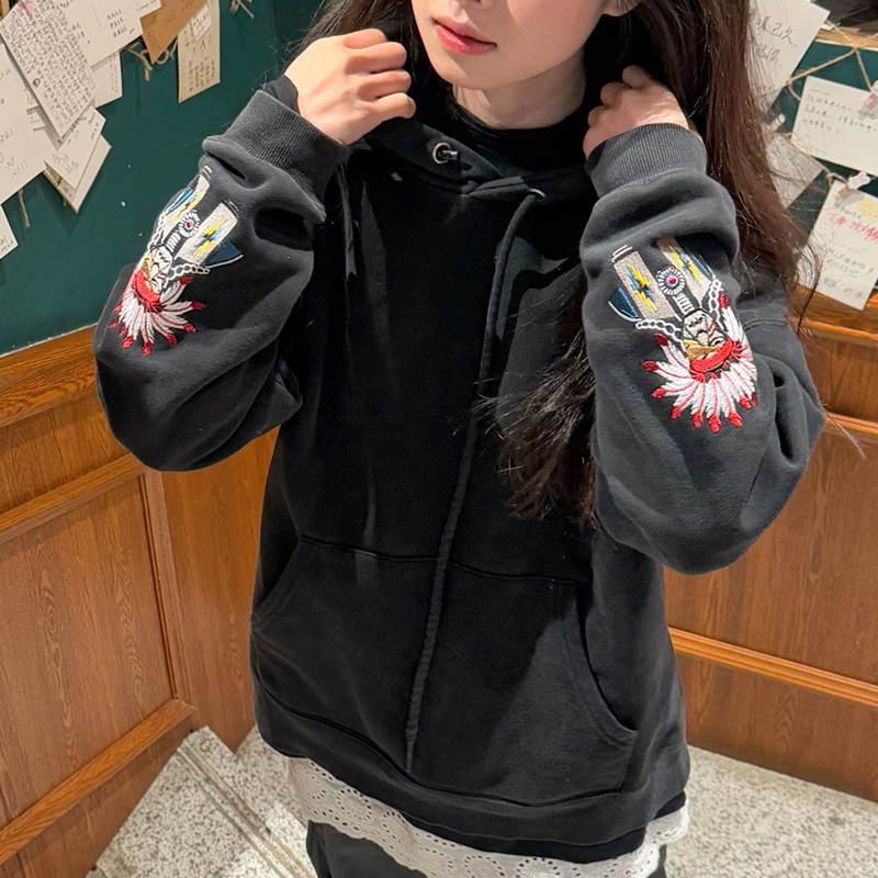 她城故事 美式潮牌连帽重磅春秋季刺绣图案宽松休闲卫衣男女同款