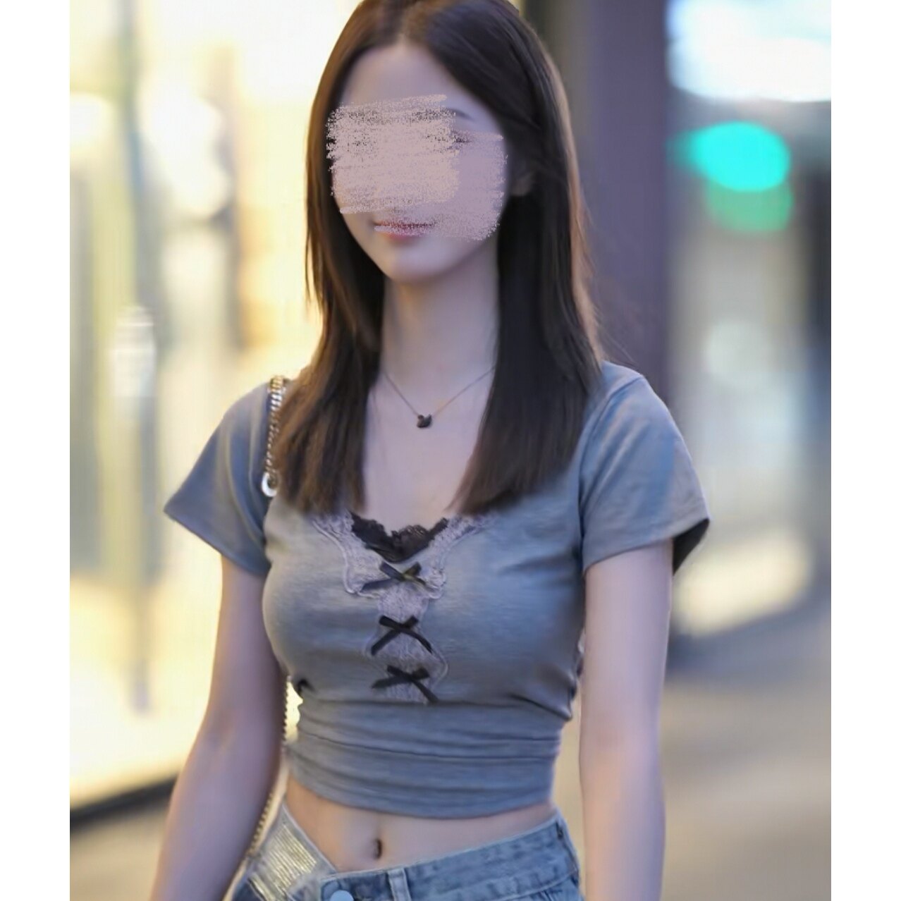网红街拍同款纯欲假两件蕾丝短袖T恤女灰色甜辣妹蝴蝶结绝美上衣