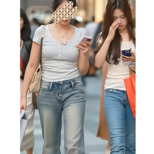 网红街拍同款白色纽扣T恤女短袖方领百搭外穿修身显瘦上衣打底衫