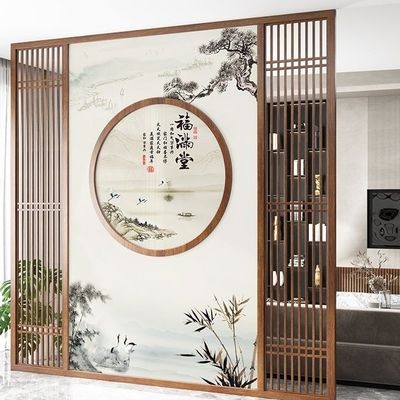 新中式实木入户栅栏玄关茶室屏风隔断客厅背景墙装饰简约镂空格栅
