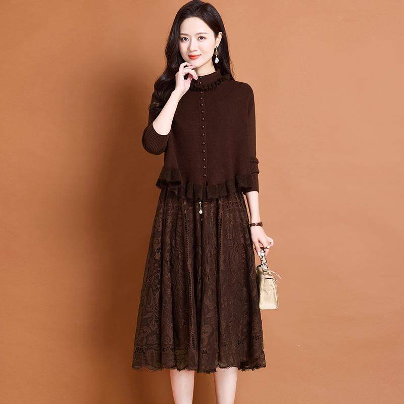 蕾丝套装连衣裙女士两件套秋冬季中年妈妈小个子配大衣毛衣打底裙