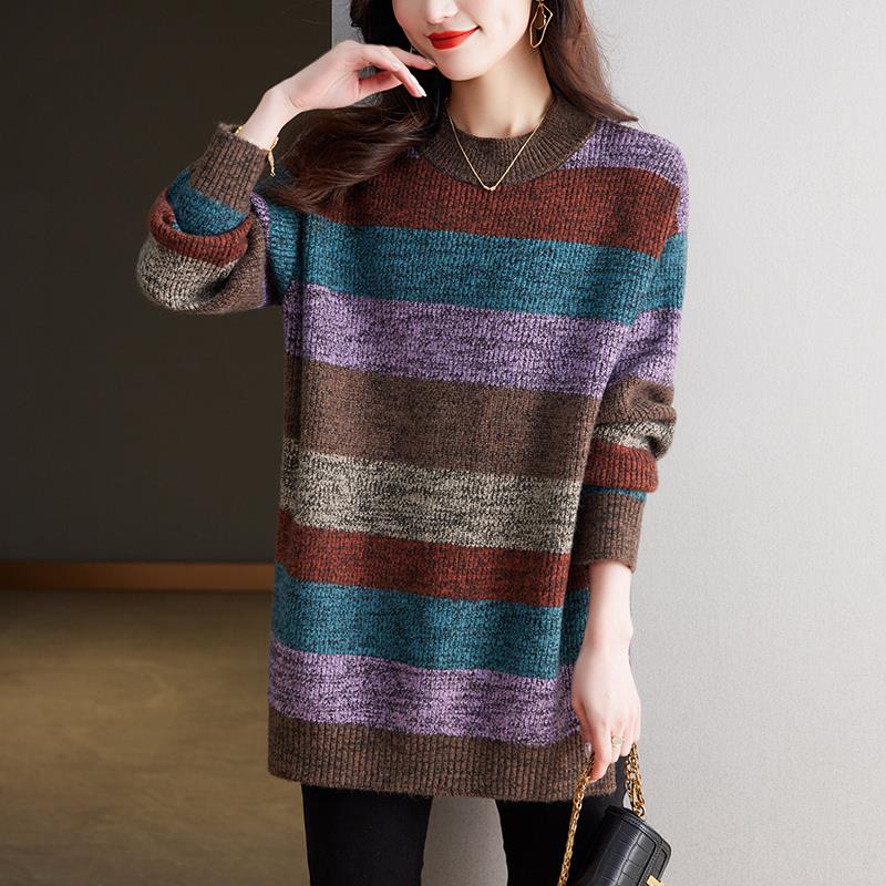 中长款毛衣女秋冬新款韩版宽松遮肚加大码条纹羊毛针织打底衫上衣