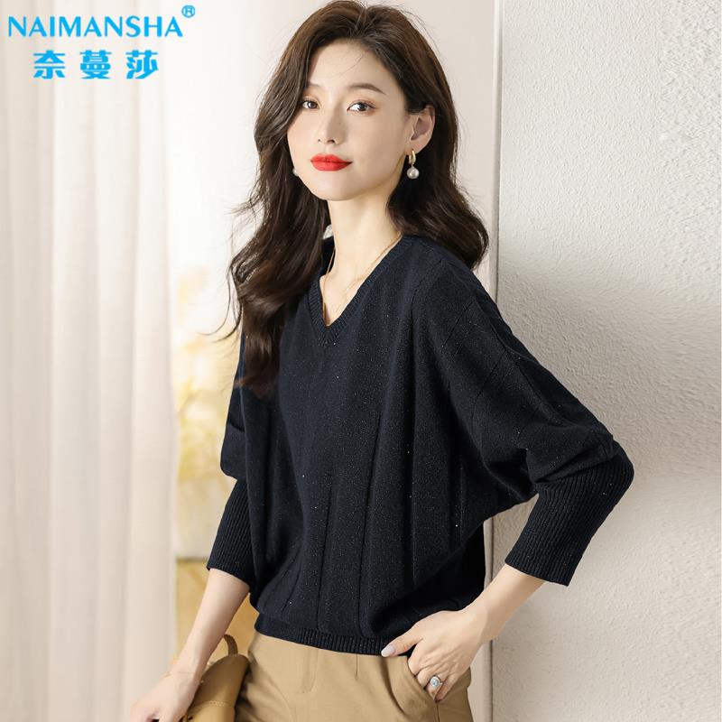 V领针织衫打底衫宽松纯色蝙蝠衫女妈妈套头毛衣短款纯羊毛衫上衣