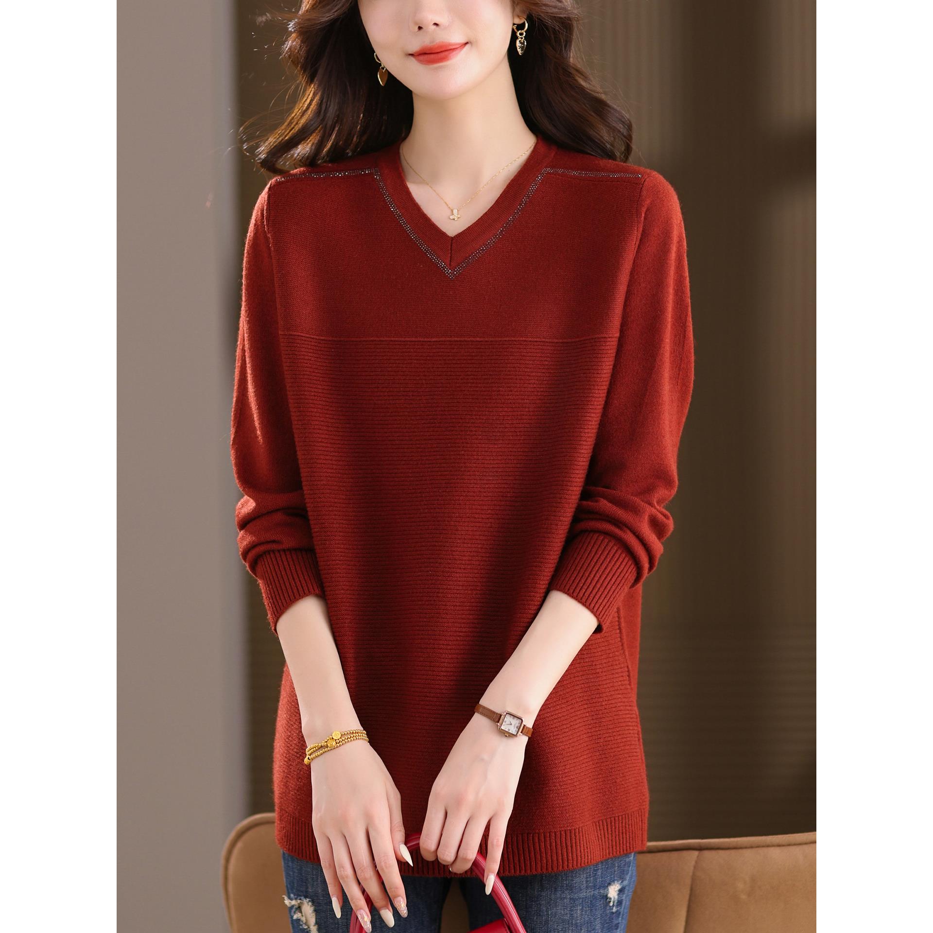 中年妈妈秋冬V领羊毛衫女上衣加肥大码中长款毛衣宽松针织打底衫