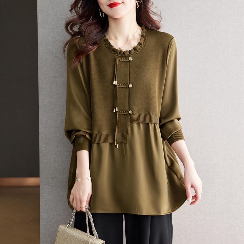 妈妈春秋显瘦上衣桑蚕丝薄款时尚针织衫女宽松遮肚圆领假两件衬衫