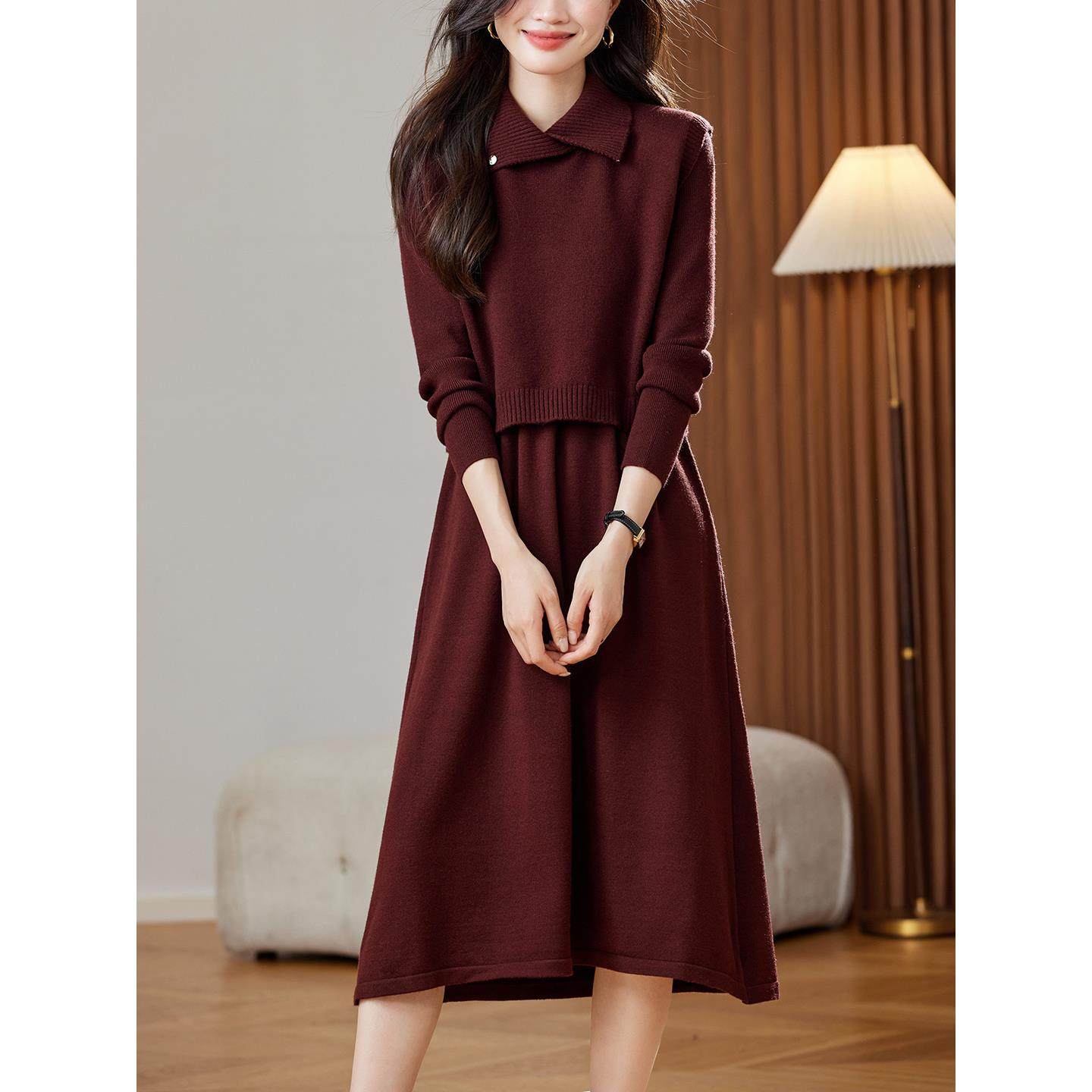 两件套针织连衣裙女长款秋冬中年妈妈小个子高级感毛衣打底套装裙