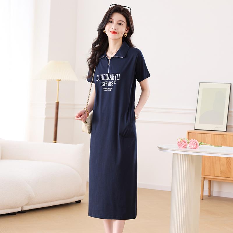 时尚短袖翻领连衣裙女夏纯棉t恤裙中长款过膝宽松显瘦休闲运动裙