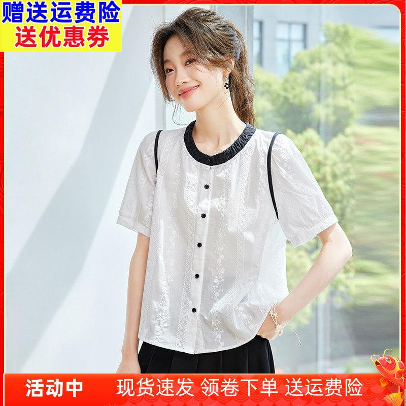 白色纯棉短袖衬衫女夏薄款2025新款宽松减龄上衣时尚洋派休闲衬衣