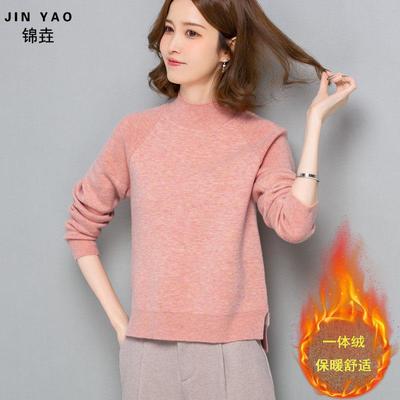 秋冬半高领小个子毛衣女冬短款宽松加绒加厚保暖一体绒内搭打底衫