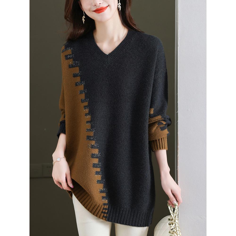 妈妈秋冬羊毛衫鸡心领毛衣女中长款宽松遮肚加肥加大码针织打底衫