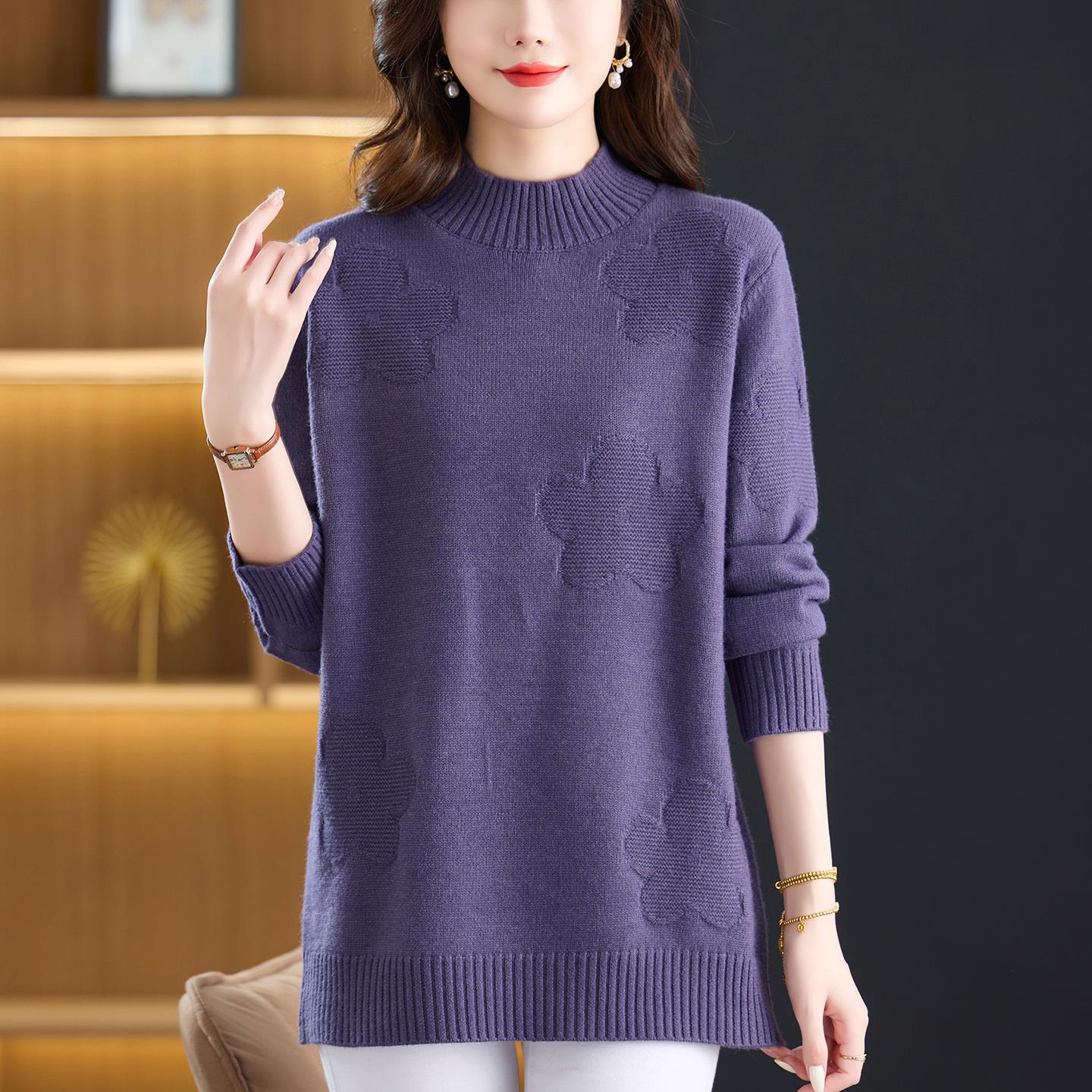 特大码中长款遮臀毛衣女宽松半高领羊毛衫高端妈妈遮肚针织打底衫