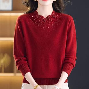 洋气中年妈妈装100%羊绒毛衣女圆领秋冬大码纯色针织衫提花上衣女