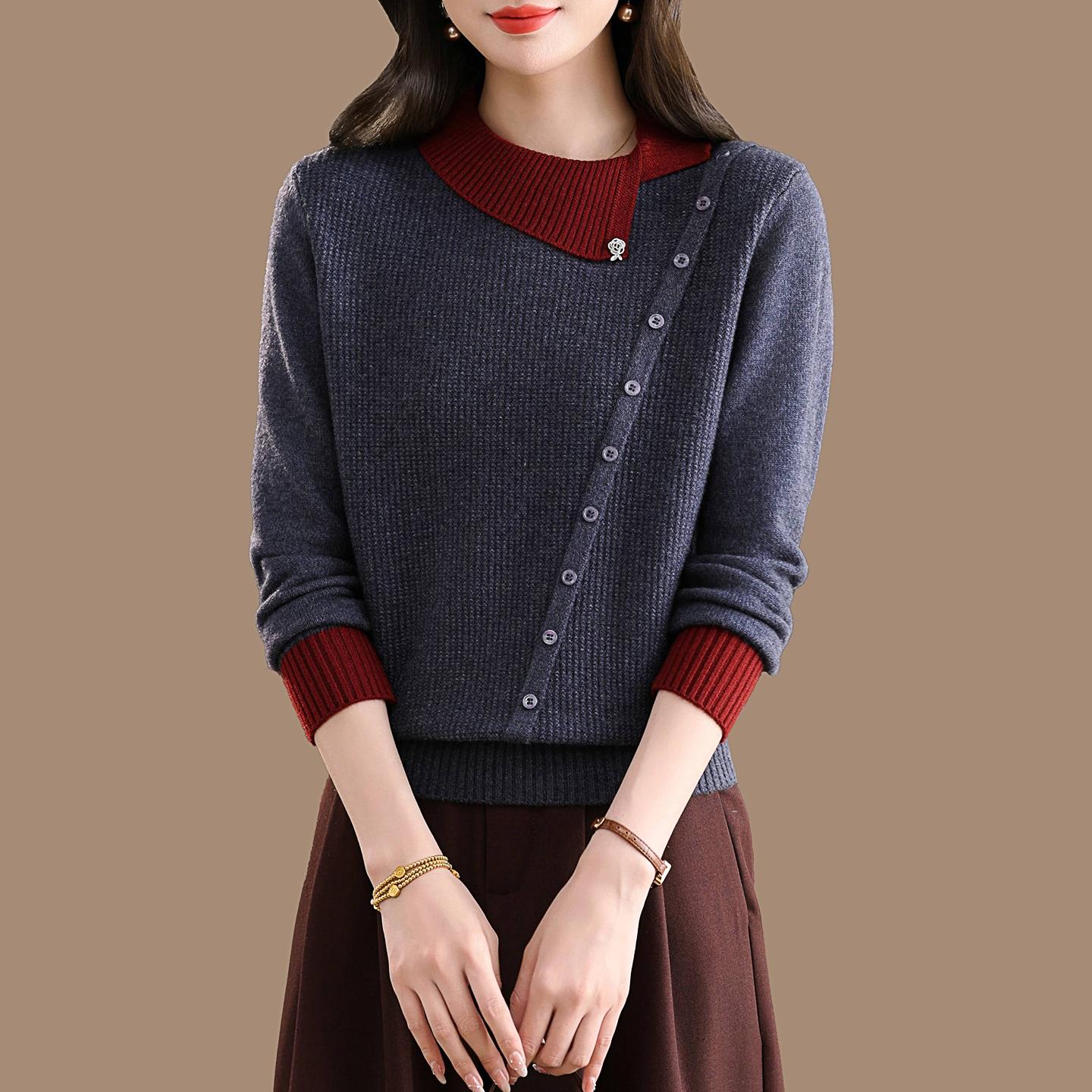 撞色拼接羊毛毛衣女秋冬加厚针织打底衫洋气斜口保暖别致内搭上衣