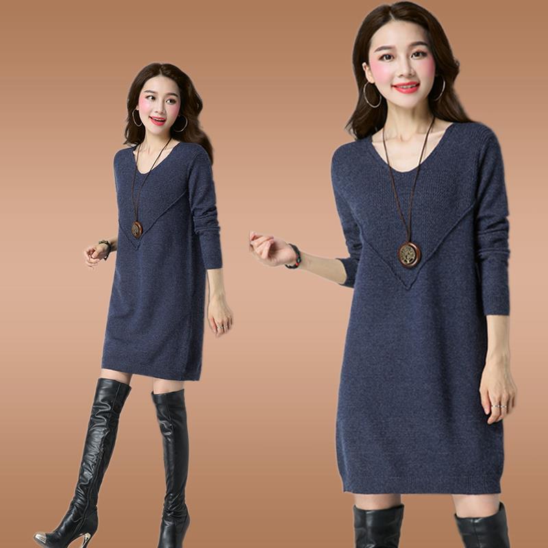 秋冬中长款羊毛衫女套头宽松加大码韩版胖女人200斤毛衣裙打底衫