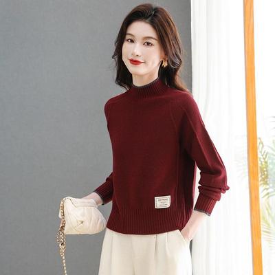 新款秋冬高级感气质半高领针织毛衣安哥拉红短款宽松打底衫女上衣