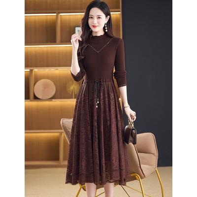 配大衣针织连衣裙女中长款秋冬中年妈妈小个子内搭毛衣蕾丝打底裙