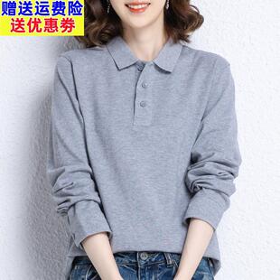 纯棉长袖t恤女2025春秋宽松翻领运动上衣polo衫定制印logo工作服