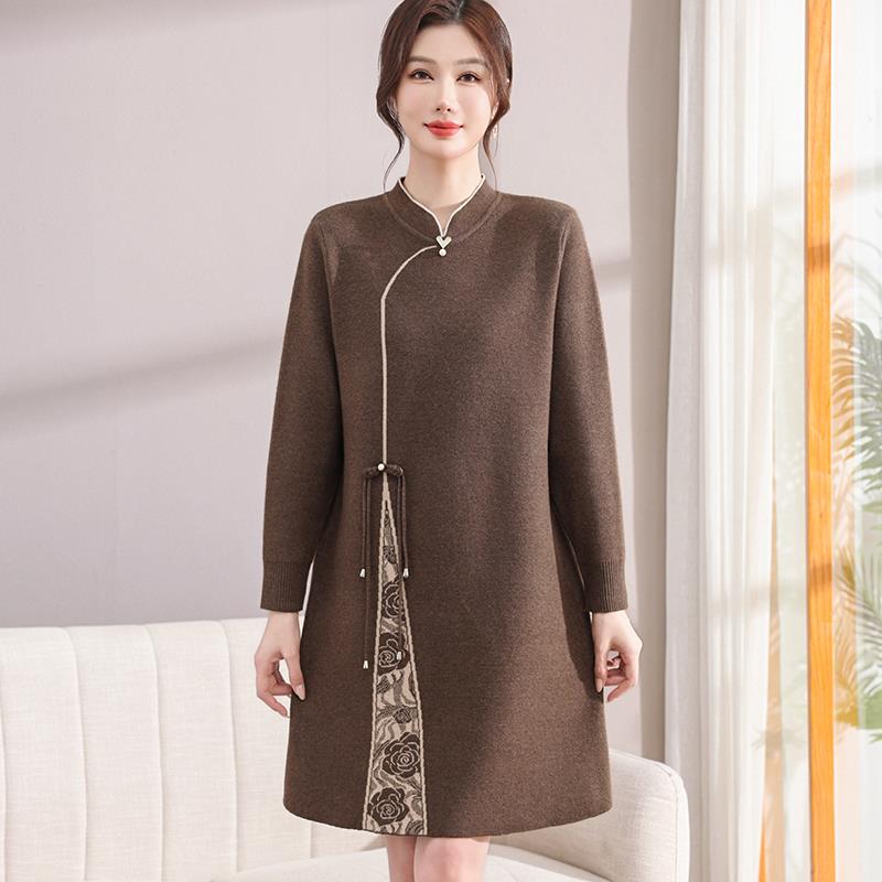 妈妈装秋冬打底连衣裙中老年女旗袍羊毛针织时尚毛衣印花裙子洋气