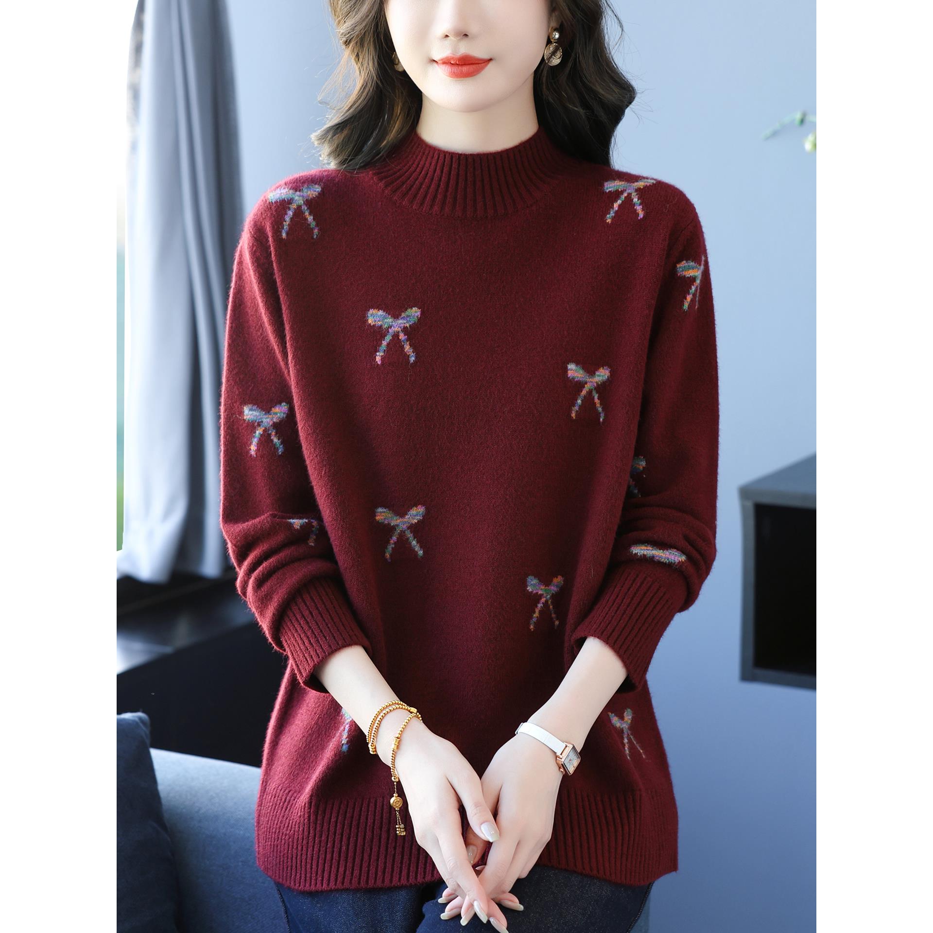 中年妈妈宽松羊毛衫女半高领绣花毛衣秋冬大码洋气内搭针织打底衫