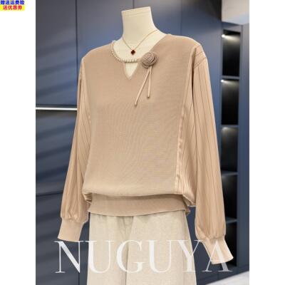 时尚气质妈妈装雪纺拼接针织衫女春装新款上衣百搭洋气中老年打底