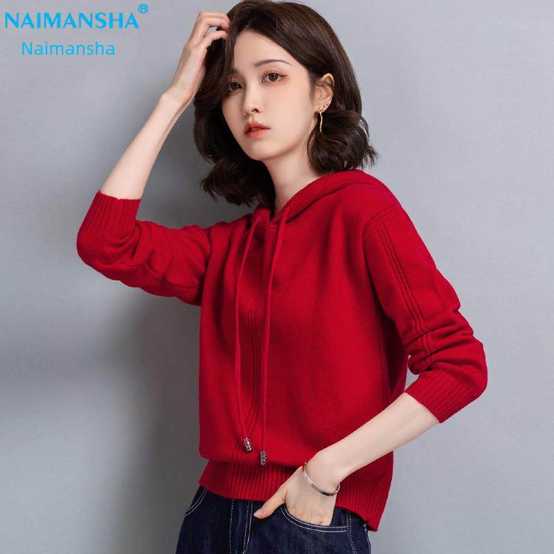 连帽针织衫羊毛衫卫衣女大红套头毛衣女高腰短款小个子上衣打底衫