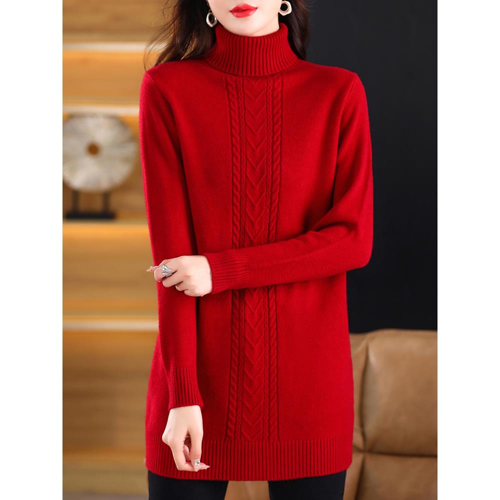 高领中长款羊毛衫毛衣裙秋冬加大码女士针织打底衫内搭遮肚子上衣