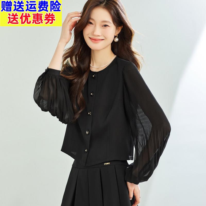 短款宽松显瘦黑色长袖衬衫上衣女新款春夏薄款高级感气质衬衣小衫