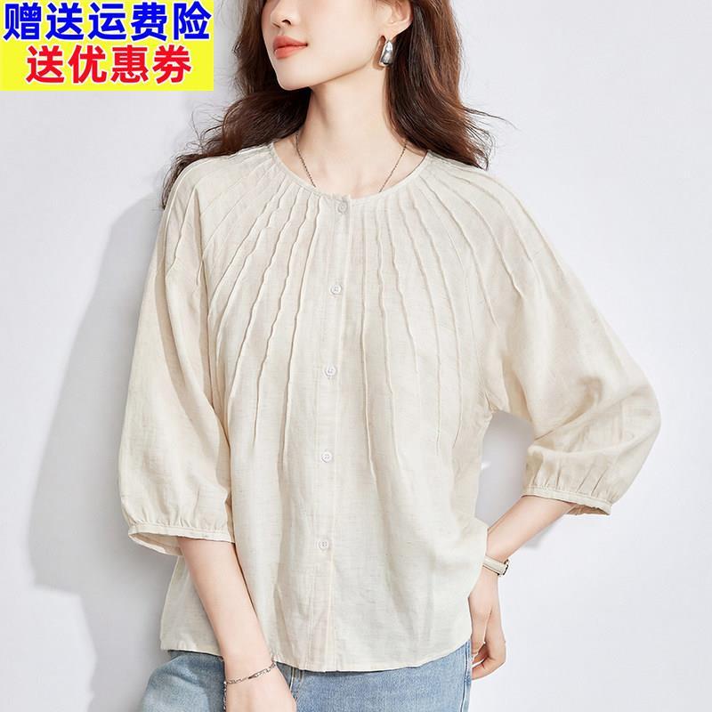法式复古褶皱衬衫女七分袖圆领设计感小众通勤上衣2026年新款衬衣