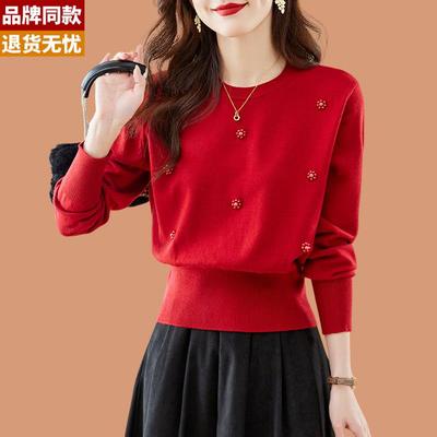 小个子短款高腰配半身裙红色毛衣女春秋装2025新款羊毛打底衫上衣