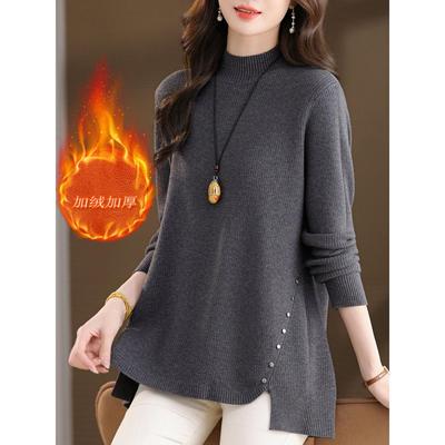 妈妈装加绒加厚半高领毛衣冬季洋气打底衫中年女宽松遮肉保暖上衣