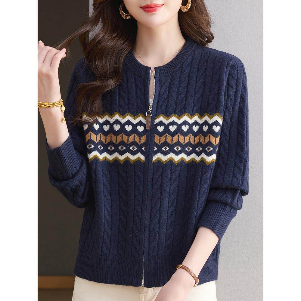 秋季拉炼针织开衫女宽松大码洋气毛衣圆领妈妈装外套提花外搭上衣