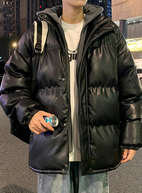 假两件黑白配色男款冬季美式复古pu皮防寒棉袄重磅2025新款外套