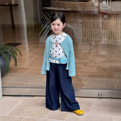 女童春秋三件套 韩版波点卡通T恤蓝底彩色圆点坑条开衫牛仔阔腿裤