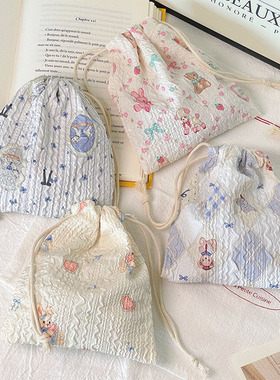 可爱小熊兔子抽绳束口袋学生杂物收纳袋口红化妆包便携洗漱小包