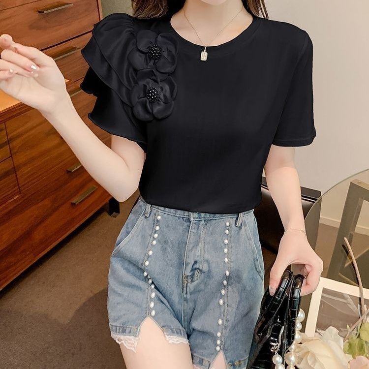 花朵钉珠圆领短袖t恤女2024新款夏装宽松显瘦简约纯色小衫上衣服