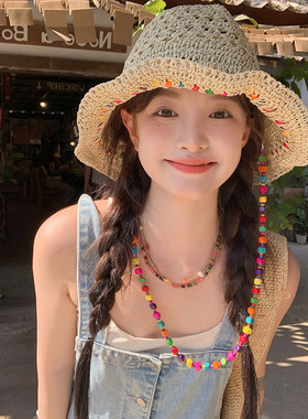 新款泫雅风彩珠夏季草帽海边女大帽檐遮阳防晒帽渔夫帽可折叠帽子