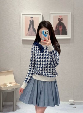 TT OF Girl 复古格纹绵羊毛桑蚕丝混纺立体蝴蝶结千鸟格针织毛衣