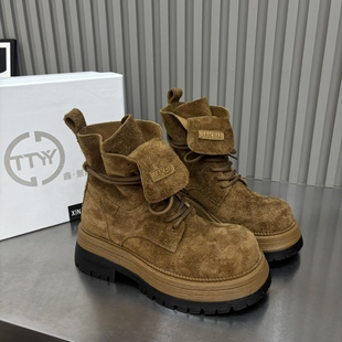 磨砂皮英伦风马丁靴女短靴秋季 2025新款 单靴子粗跟厚底真皮裸靴