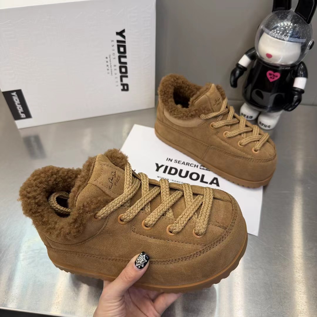 2025新款真皮厚底休闲鞋女冬季加绒保暖棉鞋磨砂牛皮外穿毛毛鞋