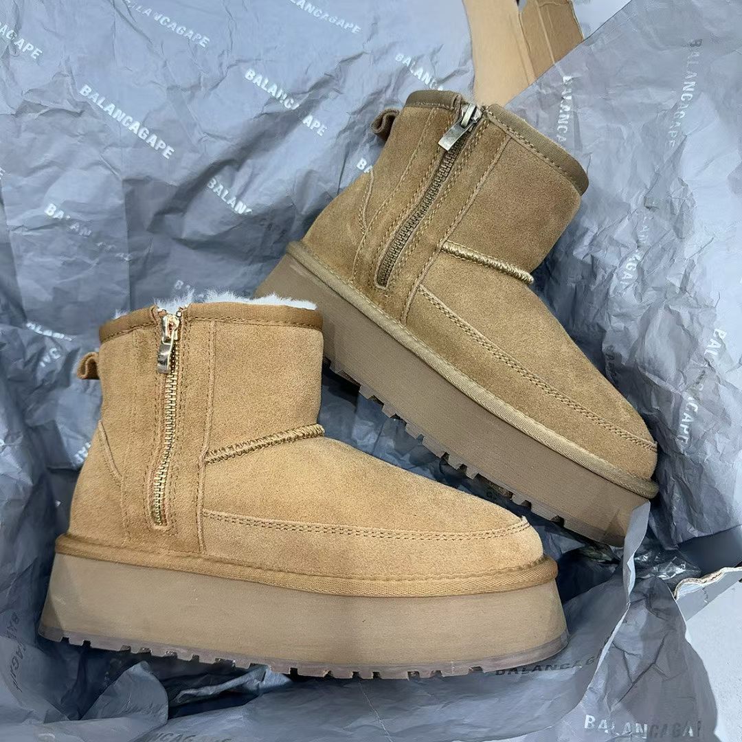 2025新款真皮厚底雪地靴女冬季加绒保暖短靴磨砂皮东北人外穿棉鞋