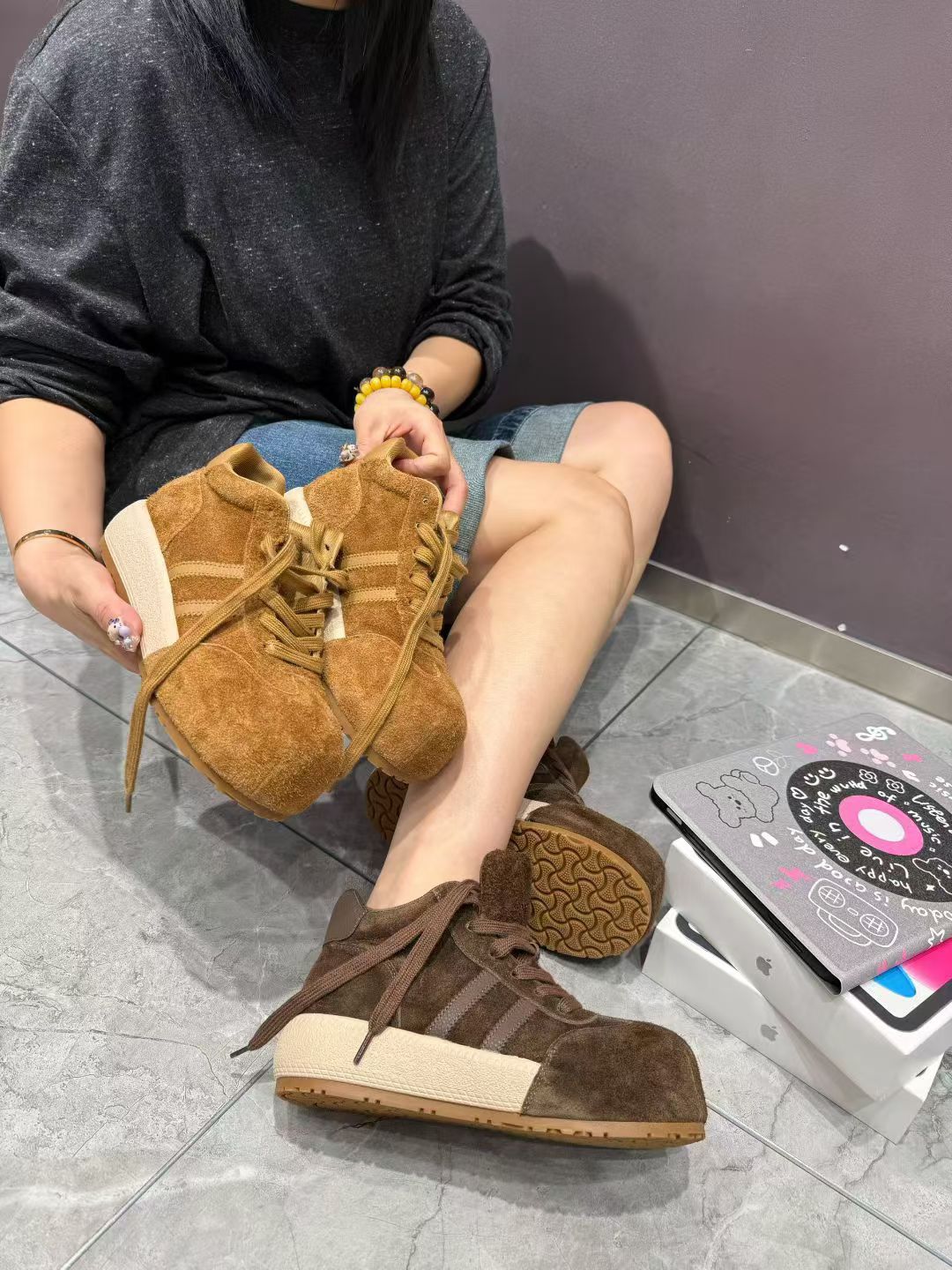 2025新款真皮厚底德训鞋女高帮休闲鞋增高松糕鞋磨砂皮系带面包鞋