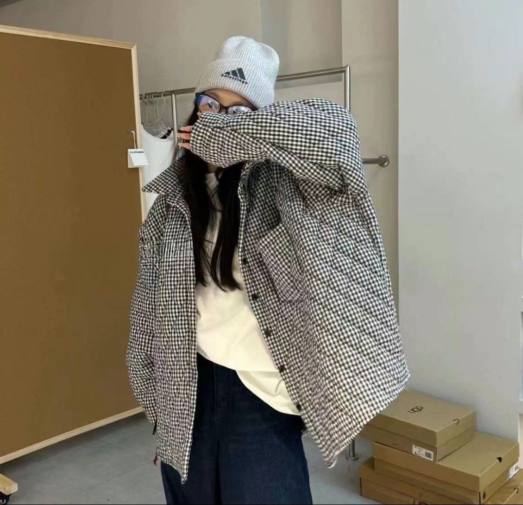 松弛感穿搭设计菱形格衬衫棉服外棉衣/棉服