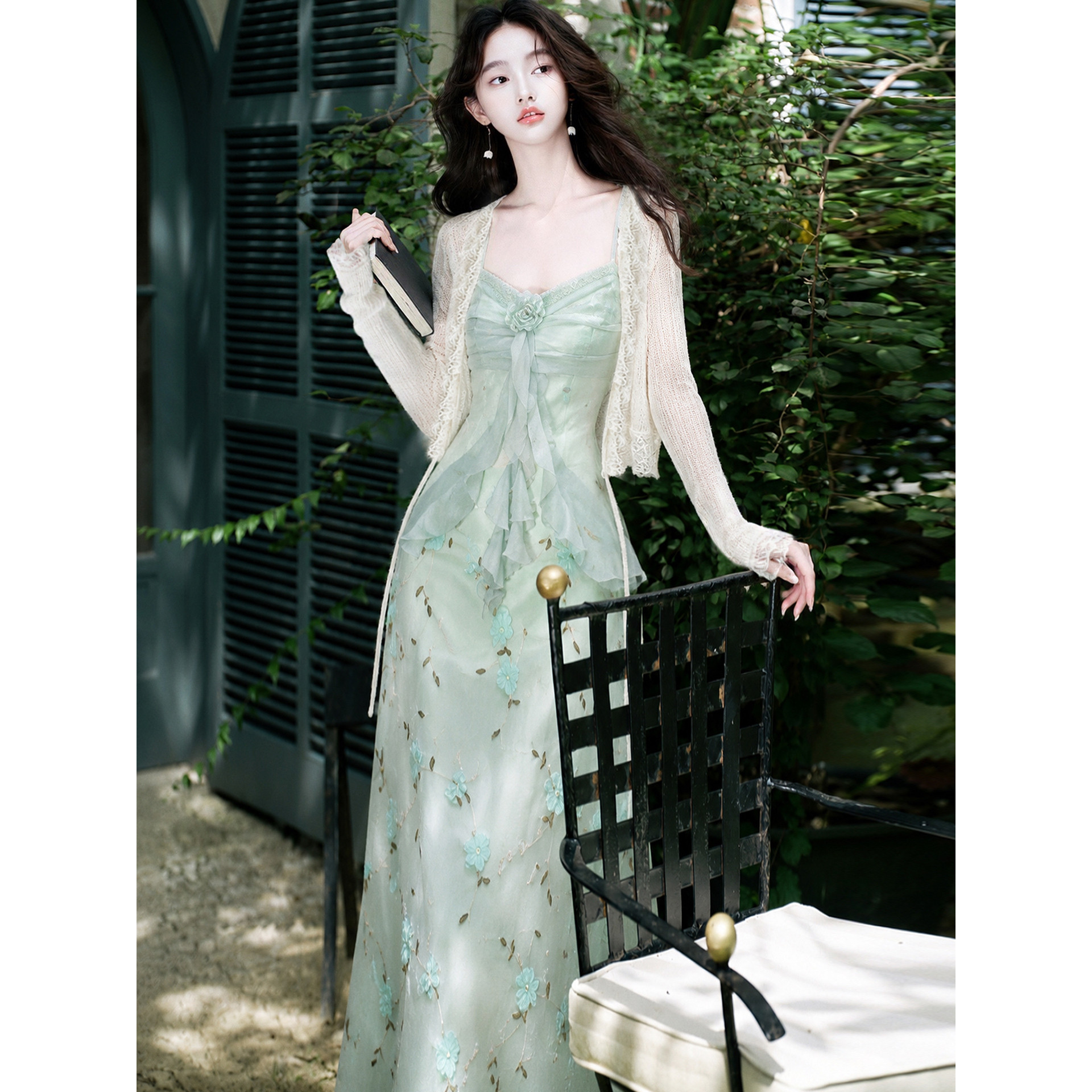 小清新海边度假绿色连衣裙女夏立时尚套装