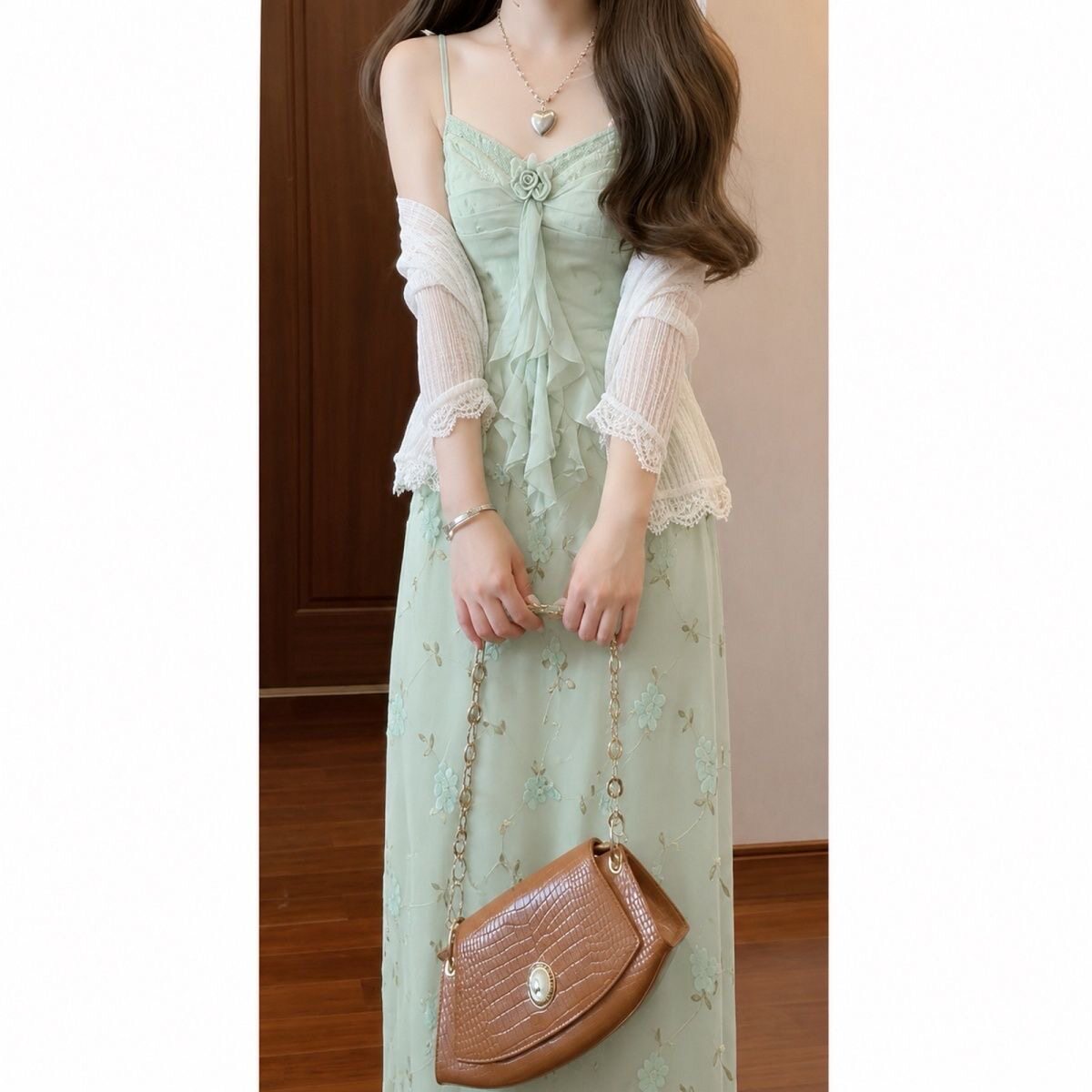 小清新海边度假绿色连衣裙女夏立时尚套装