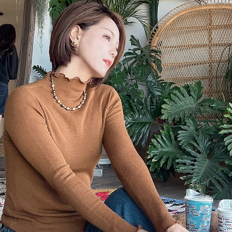 颜菱打底衫女2025秋冬新款木耳边修身弹力薄针织衫Y11107