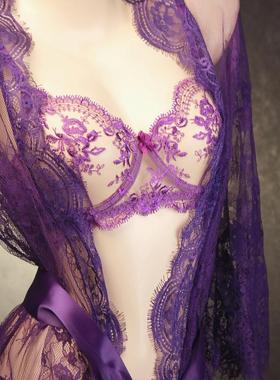 紫色内衣  性感睡衣新款刺绣紫色全透明文胸大码情趣蕾丝内衣套装