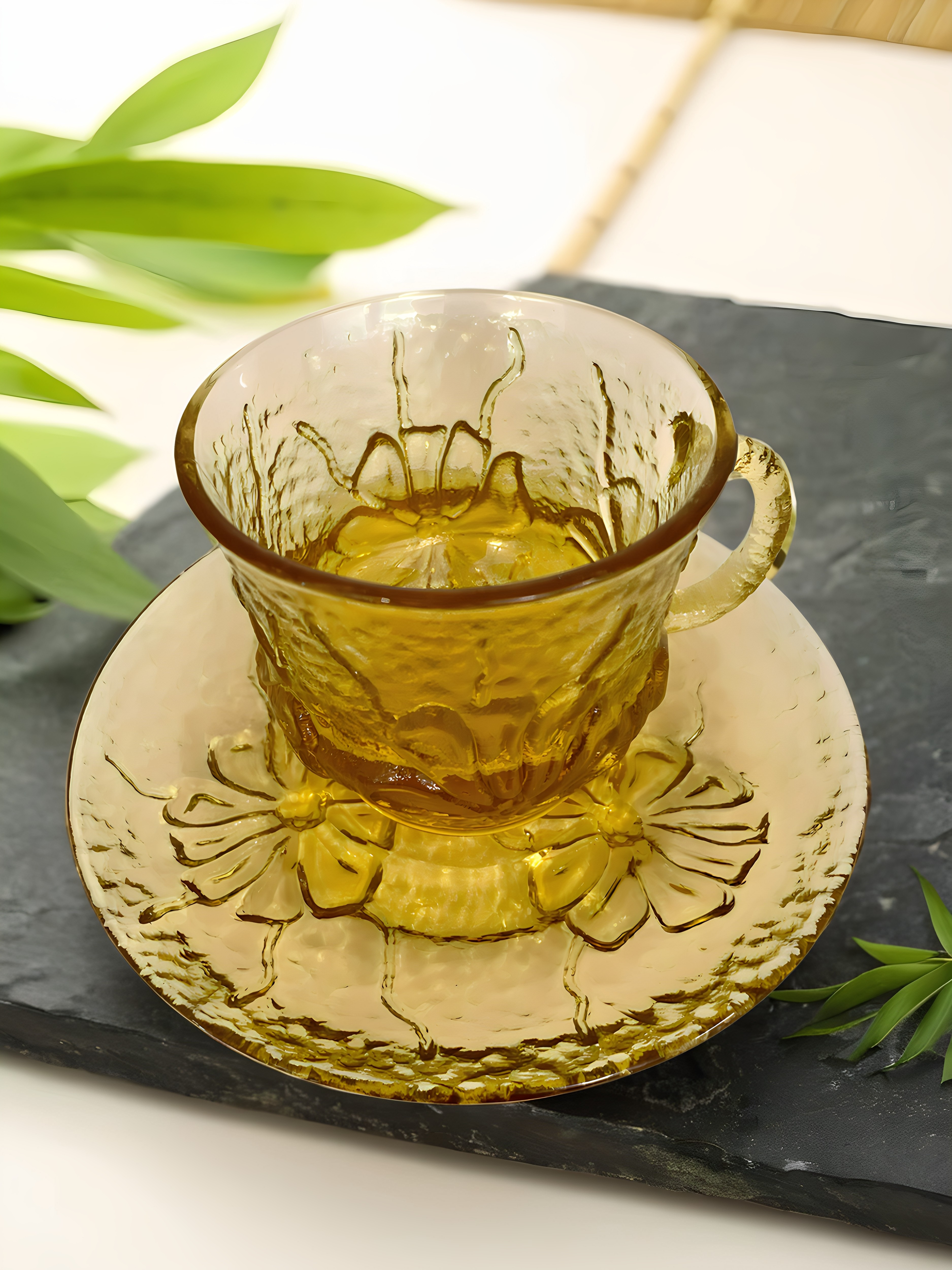琥珀色茶杯茶杯碟日本玻璃杯
