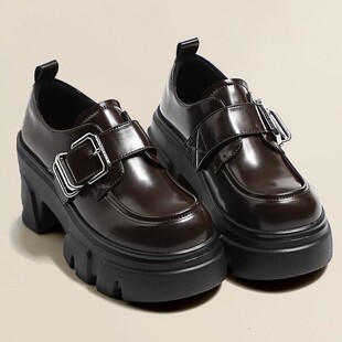 百搭 单鞋 增高7cm圆头厚底小皮鞋 春夏英伦黑色乐福鞋 2025新款 四季