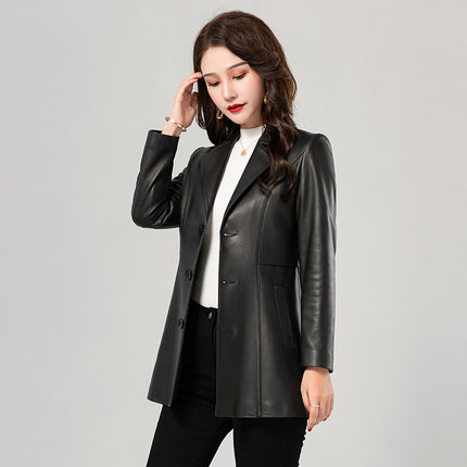 海宁真皮衣服女2024秋冬新款绵羊皮西装外套收腰中长款气质单风衣