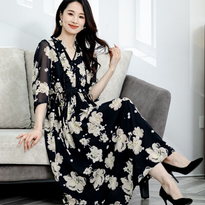 2025春夏新款真丝碎花法式连衣裙
